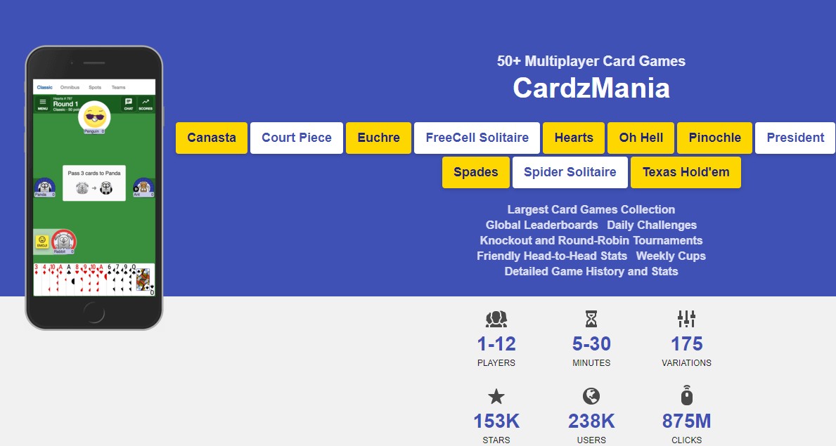 CardzMania - Play 50+ card games online with upto 12 players